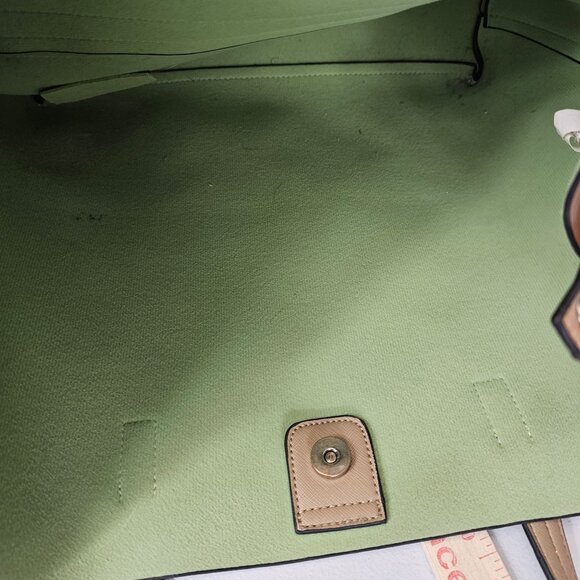 GUESS Beige Brown Green Lined Handbag Hobo Tote Bag Faux Leather Purse XL - Picture 10 of 16